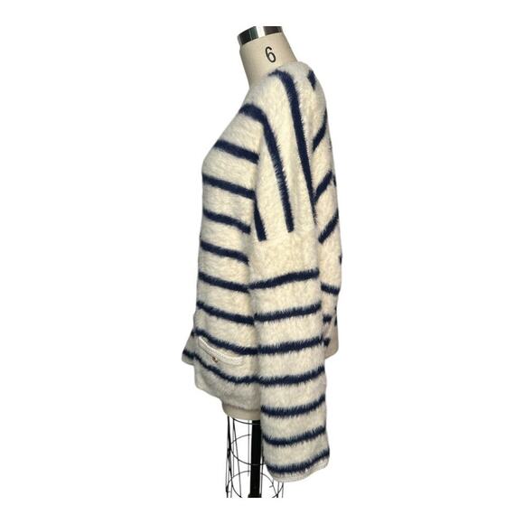 J. Crew Navy Ivory Stripe Brushed Fuzzy Yarn Super Soft Sweater Cardigan Size 2X - Picture 1 of 7